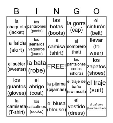 La ropa  Bingo Card