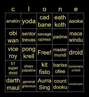 clone wars Bingo Card