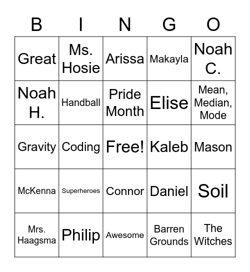 Class 3-1 2020-2021 Bingo Card