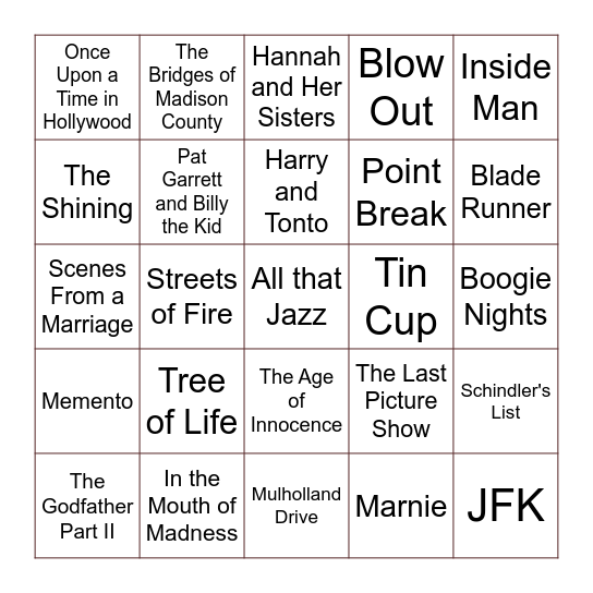 My Favorite Movies Bingo Card