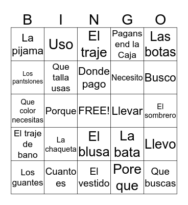 Spanish BINGO Card