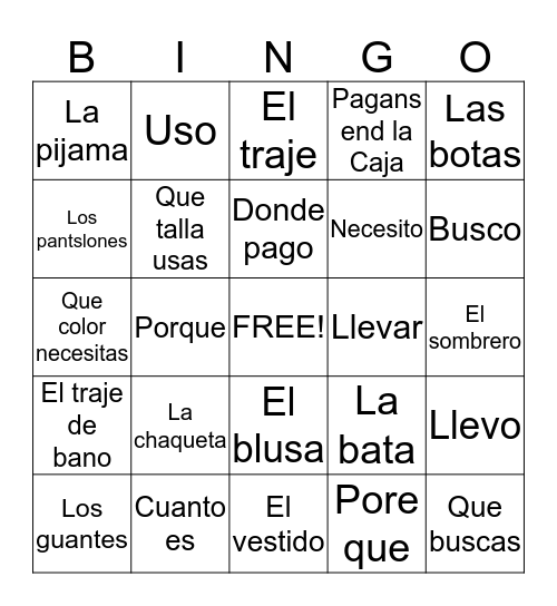 Spanish BINGO Card
