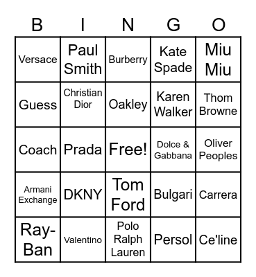 Different Brands of Sunglasses Bingo Card