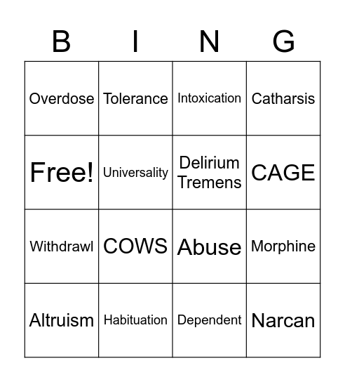 Substance Abuse Bingo Card