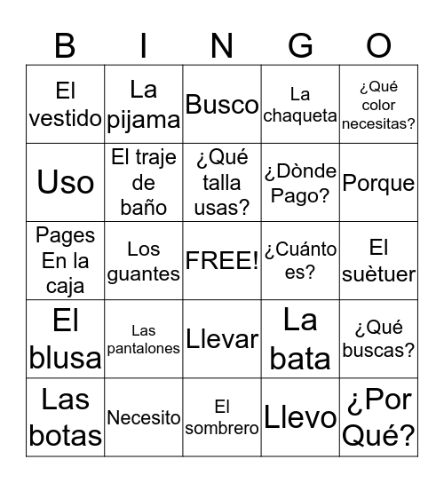 Spanish Bingo  Bingo Card