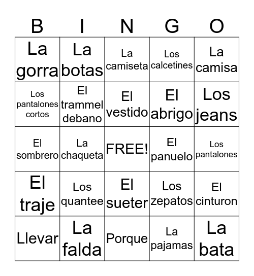 Tesch Spanish bingo Card