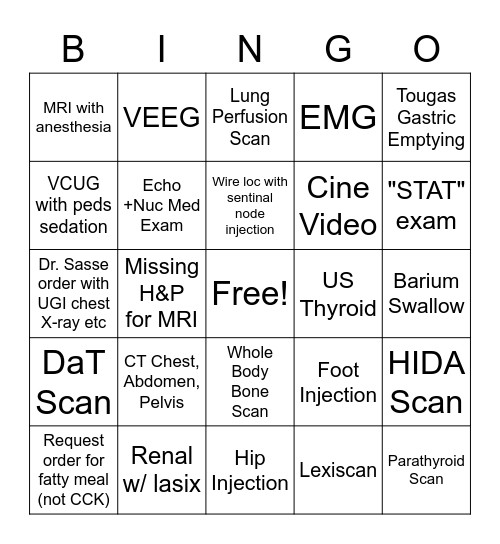 Nuclear Medicine Imaging Bingo Card