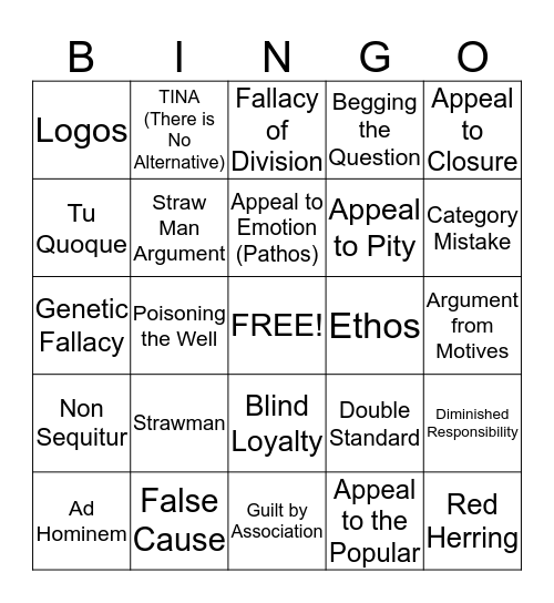 Logical Fallacies Bingo Card