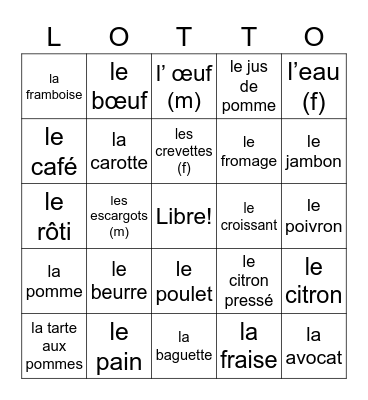 Nourriture! Bingo Card