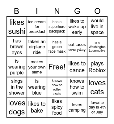 Getting to know you Bingo Card