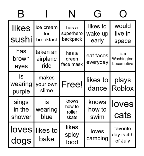 Getting to know you Bingo Card