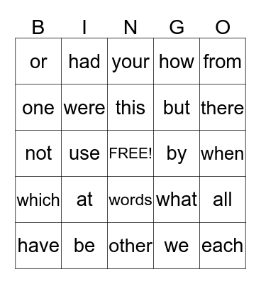 1st Grade Sight Words Bingo Card