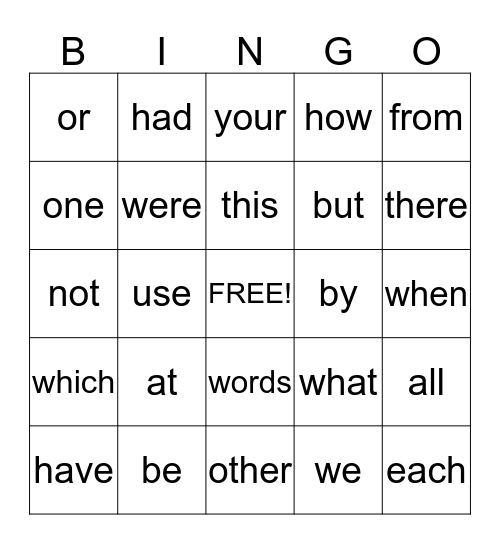 1st Grade Sight Words Bingo Card