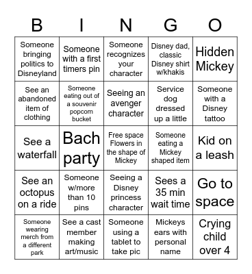 Disneyland Bingo Card