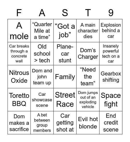 Vroom Bingo Card