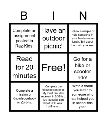 Last Day of 2/3B Bingo Card