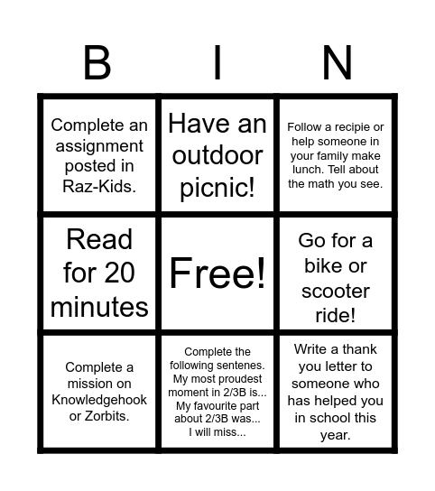 Last Day of 2/3B Bingo Card