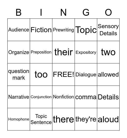 STAAR Writing Bingo Card