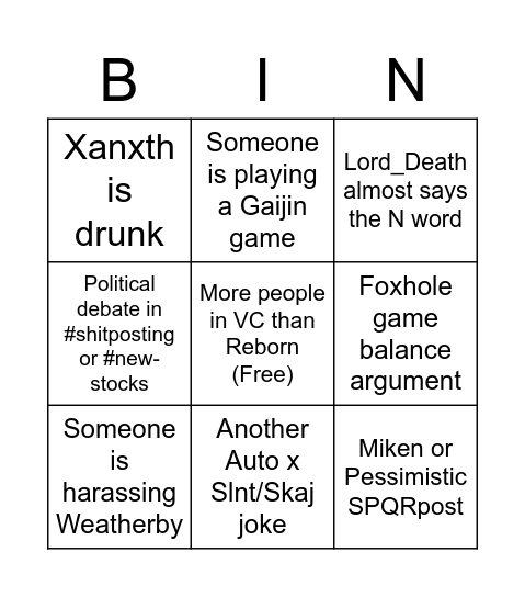 CNG Bingo Card