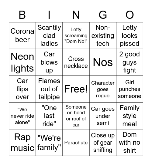 Fast and Furious Bingo Card
