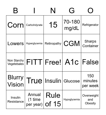 Diabetes Bingo Card