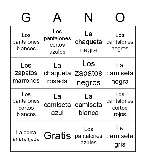 La ropa solo palabras Bingo Card