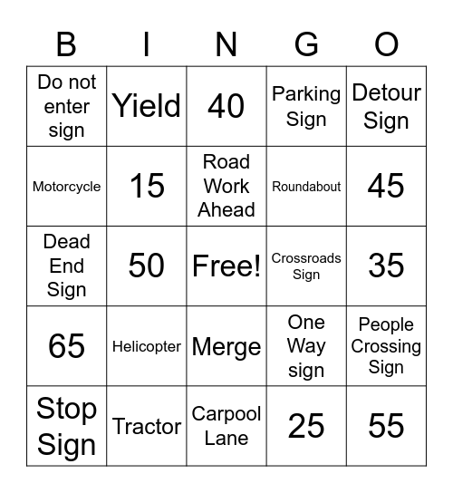 Backseat Bingo Card