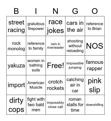 Fast and Furious Bingo Card