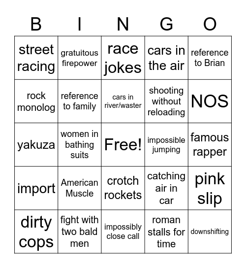 Fast and Furious Bingo Card