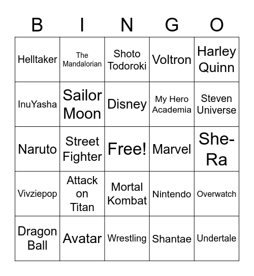 Cosplay Bingo Card