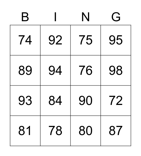 BINGO 70-99 Bingo Card
