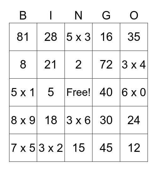 Bingo de Tabuadas do 3º T1 Bingo Card