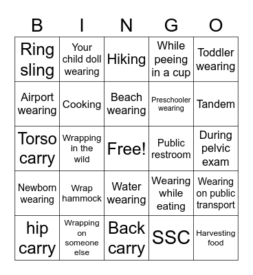 Babywearing Bingo Card