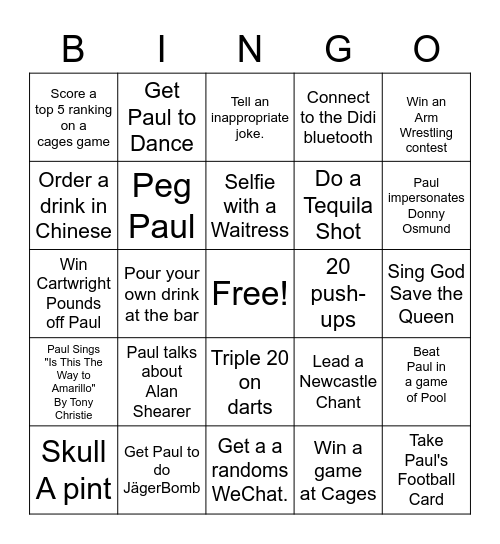 Paul's Stag Bingo Card