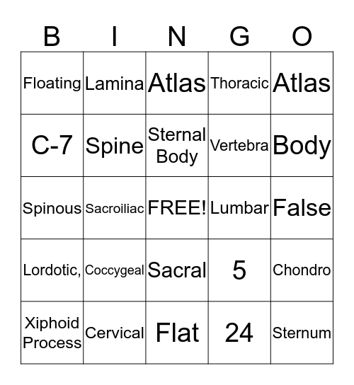 Axial Skeleton Bingo Card
