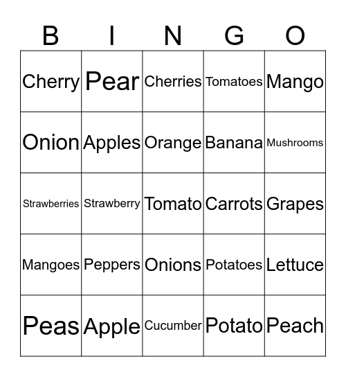 FRUITS and VEGETABLE Bingo Card