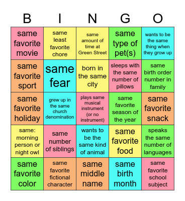 Samesies Bingo Card