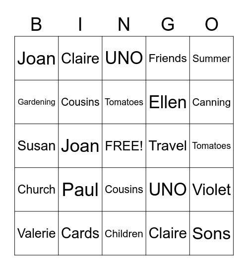 Family Bingo Card