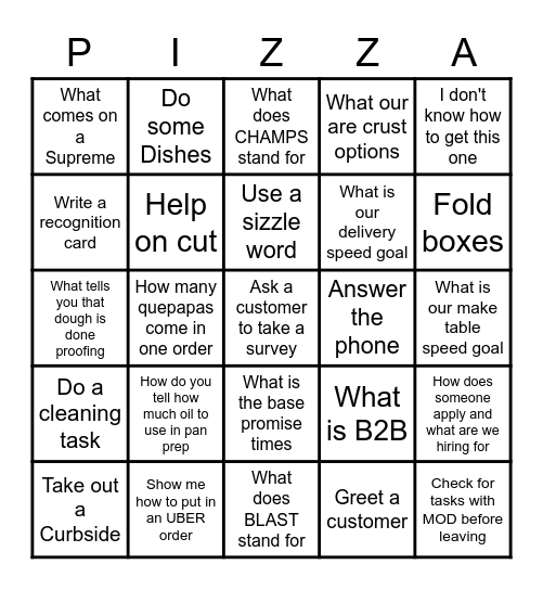 No One Out Pizzas The Hut Bingo Card