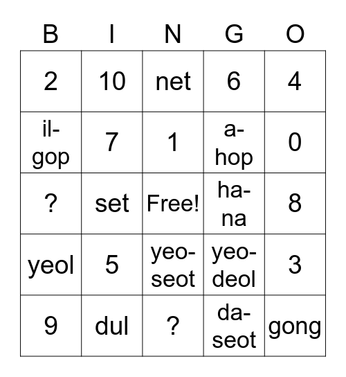 Korean Numbers Bingo Card