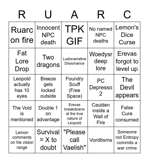 The Devil of Ruarc 29 Bingo Card