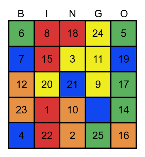 vero bingo colors Bingo Card