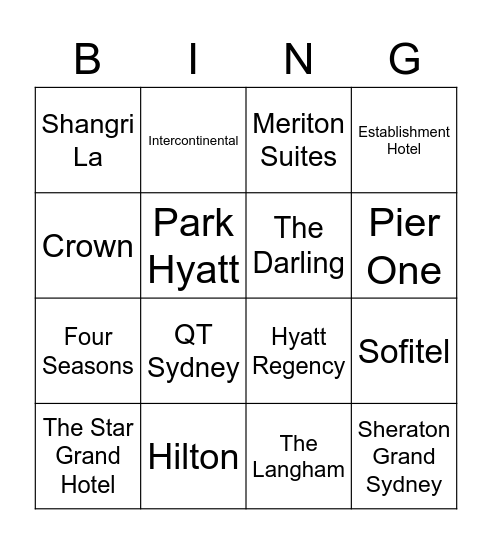 Hotel Bingo Card