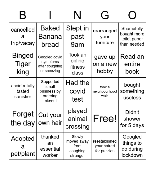 Quarantine Bingo Card