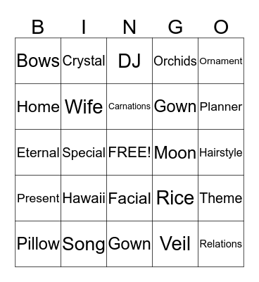 Bridal Bingo Card