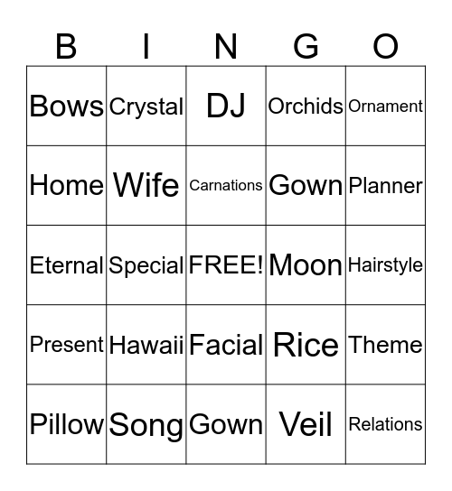 Bridal Bingo Card