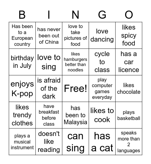 Getting to know you Bingo Card