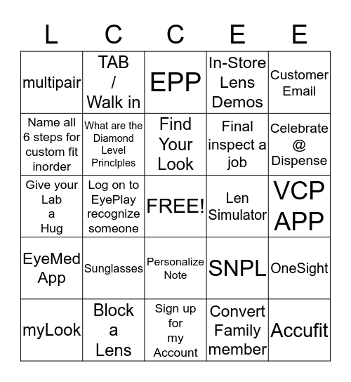 LensCrafters CEE Service Bingo Card