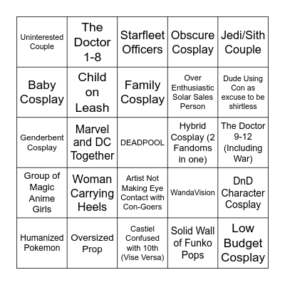 Comic Con 2021 Bingo Card