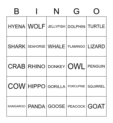 ANIMAL BINGO Card